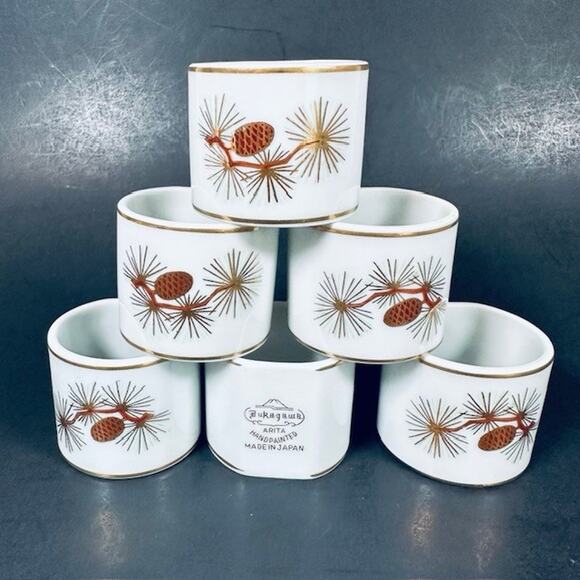 Fukagawa Arita Pine Cone (6) Napkin Rings Green/Gold Needles Brown/Gold Branches - Picture 1 of 16
